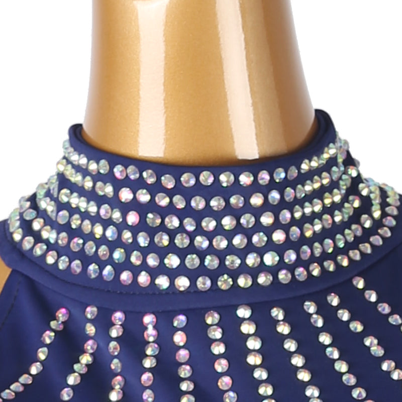 YZY Customisable-Women's Dark Blue Long Sleeve Tassel DanceWear Dance Dress Performance Wear