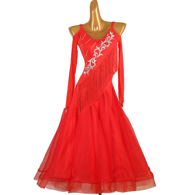 Customisable-Women's Long Sleeve Red Tassel Modern Dance Performance Dress Ballroom Dance Dress