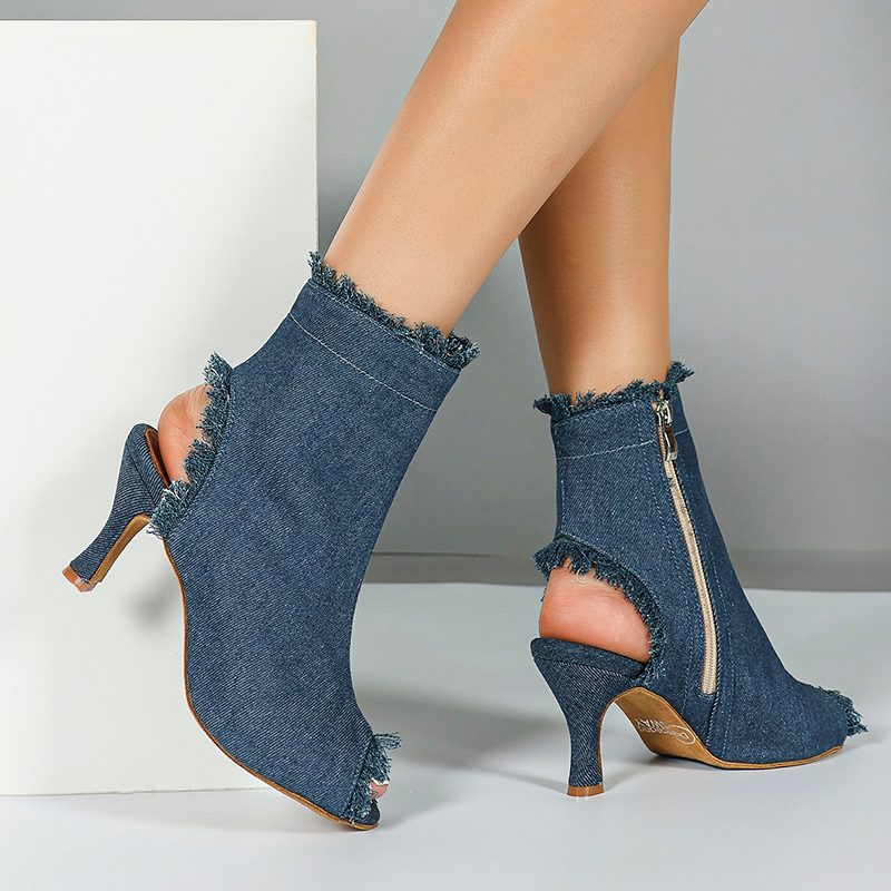 DS Women's Blue Denim Customized Heel Dance Boots Salsa Jazz Dance Shoes