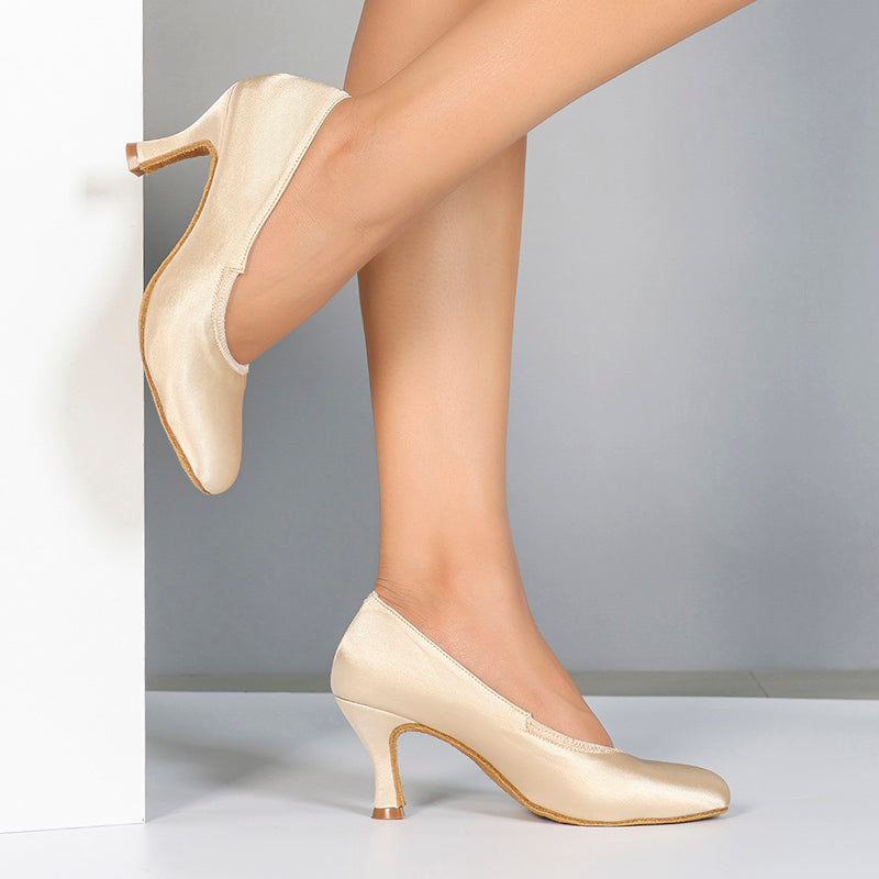 Women's Apricot Satin Customized Heel Modern Ballroom Dance Shoes