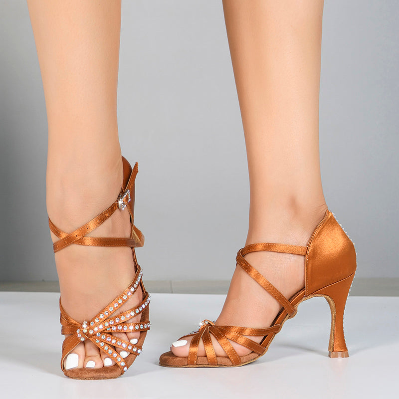 Women's Brown Customized Heel Strappy Knot Dance Shoes With Crystals Latin Dance Shoes