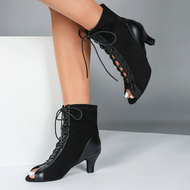 DS Women's Black Real Leather Customized Heel Dance Boots Jazz Salsa Dance Shoes