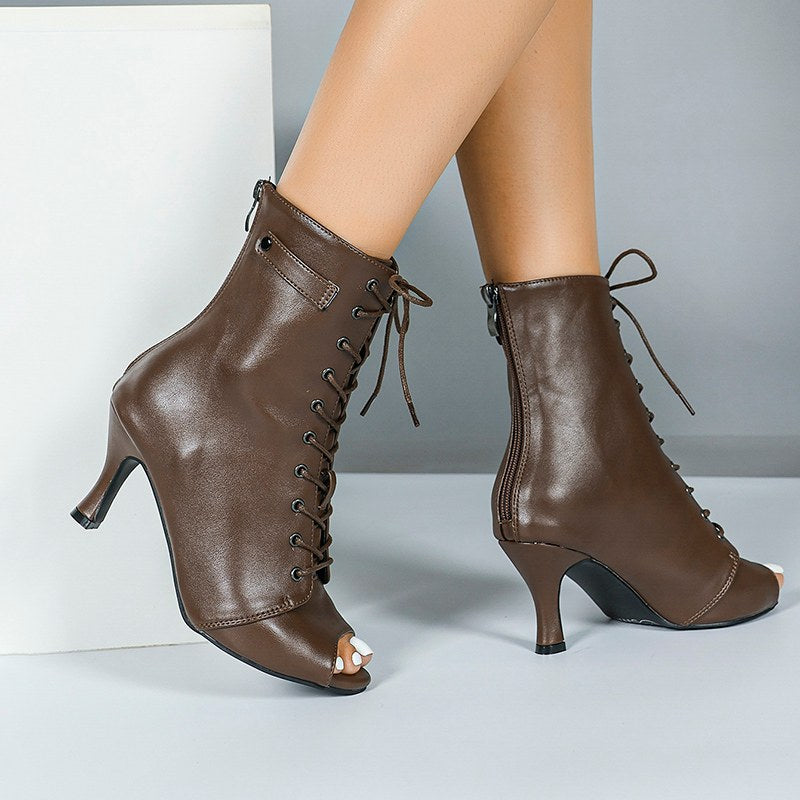 DS Women's Coffe Rubber Sole Leatherette Customized Heel Dance Boots Salsa