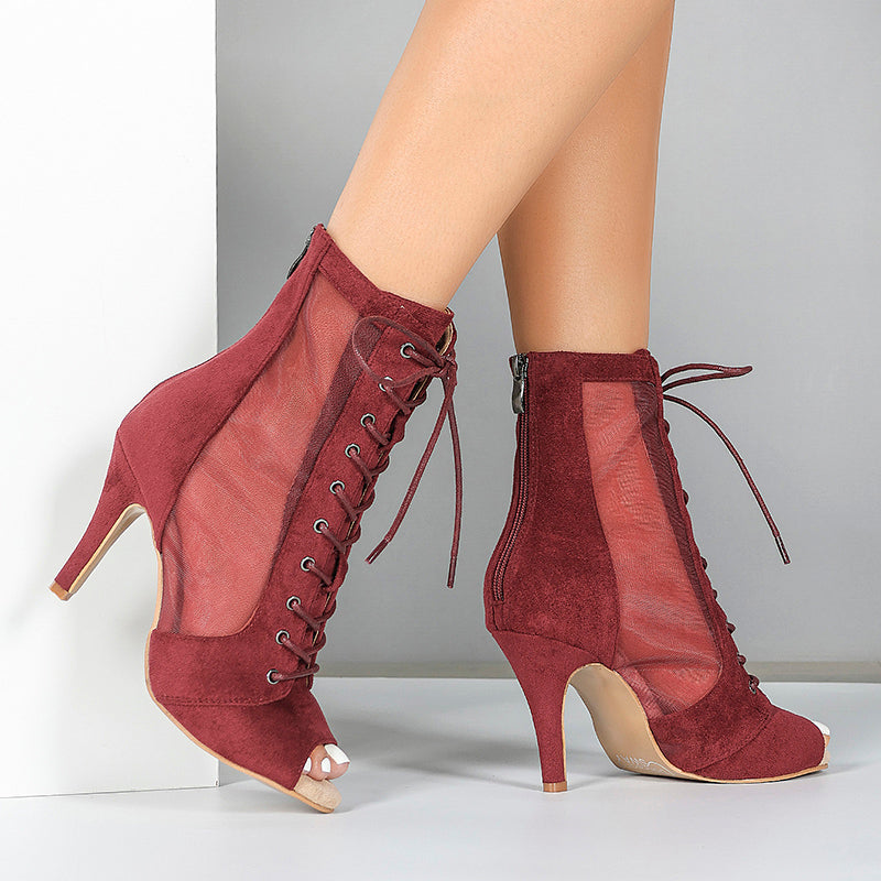 Women's PU Rubber Sole Wine Red Customized Dance Heels Boots Jazz Salsa Dancing Shoes