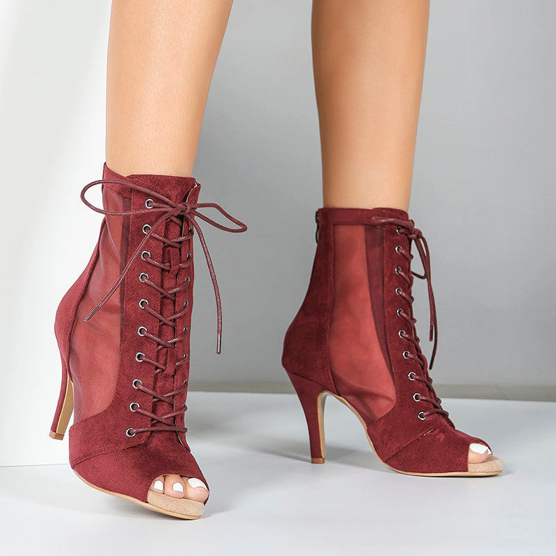 Women's PU Rubber Sole Wine Red Customized Dance Heels Boots Jazz Salsa Dancing Shoes