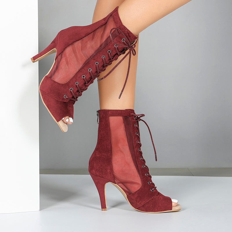 Women's PU Rubber Sole Wine Red Customized Dance Heels Boots Jazz Salsa Dancing Shoes