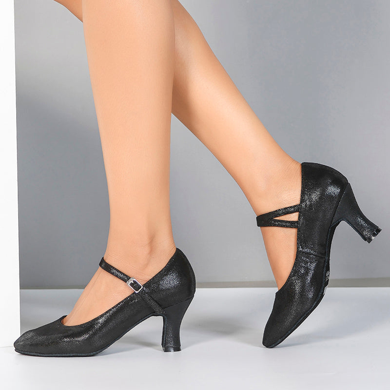 YW Women's Black Real Leather Customized Heels Ballroom Dance Shoes Modern Dance Shoes