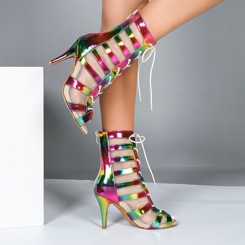 DS Ladies PU Rainbow Customized Heel Dance Boots Salsa Professional Dance Shoes