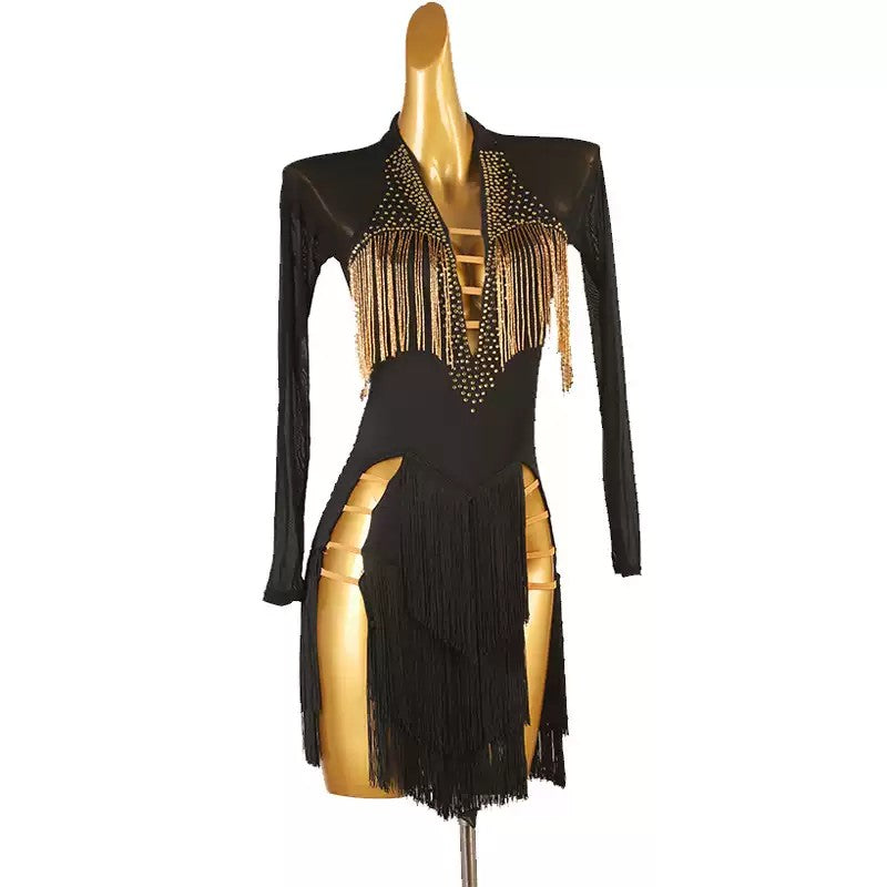 YZY Customisable-Women's Long Sleeve Tassel DanceWear Dance Dress Performance Wear