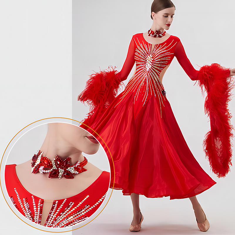 YUN Customisable-Women's Long Sleeve Mesh Round Neck Diamonds Dress For Ballroom Dancing Smooth Dress
