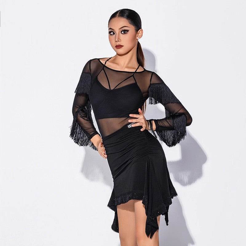 HC Women's Black Mesh Tassel Latin Dance Tops Dance Wear Training Performance