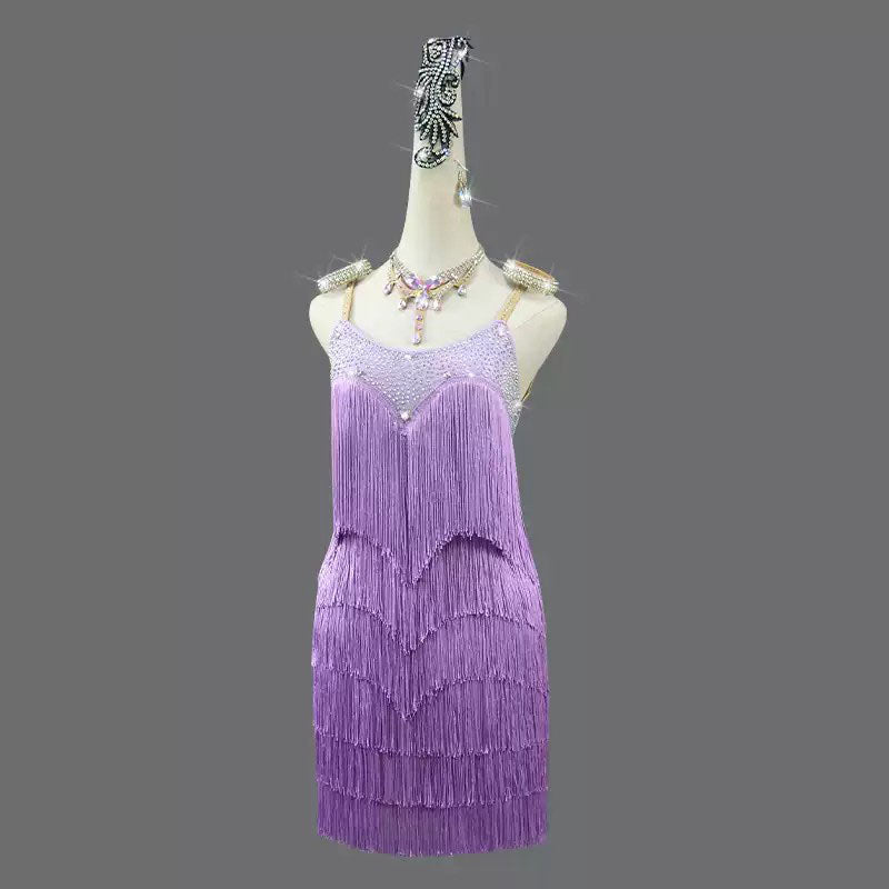 Customisable-Women's Purple Tassel Latin Dance Dress Professional Dance Stage Performance Wear
