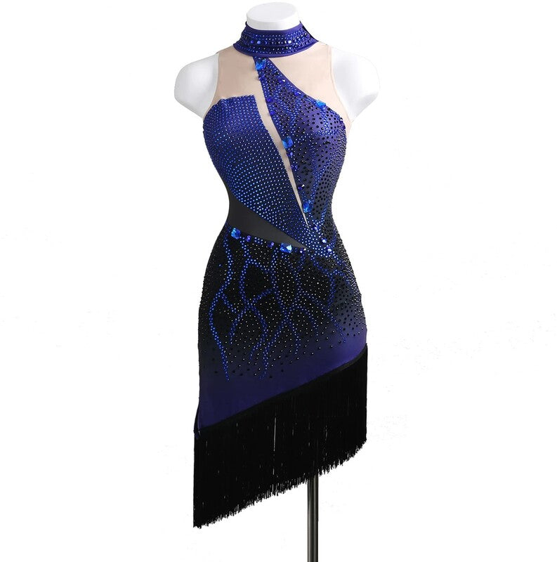 YZY Customisable-Women's Blue Sleeveless Tassel DanceWear Dance Dress Performance Wear