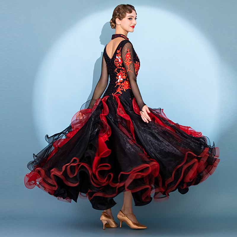 Women's Long Sleeve Lace Diamond Waltz Ballroom Dance Competition Modern Dance Large Swing Dress