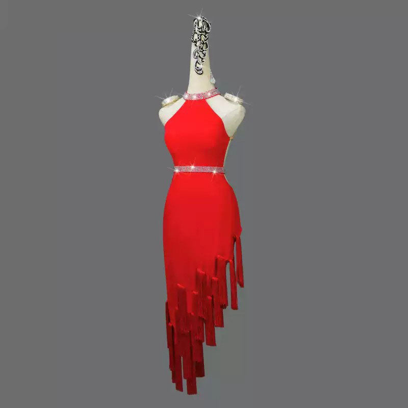 Customisable-Women's Red Tassel Latin Dance Dress Professional Dance Stage Performance Wear (With Waistband)