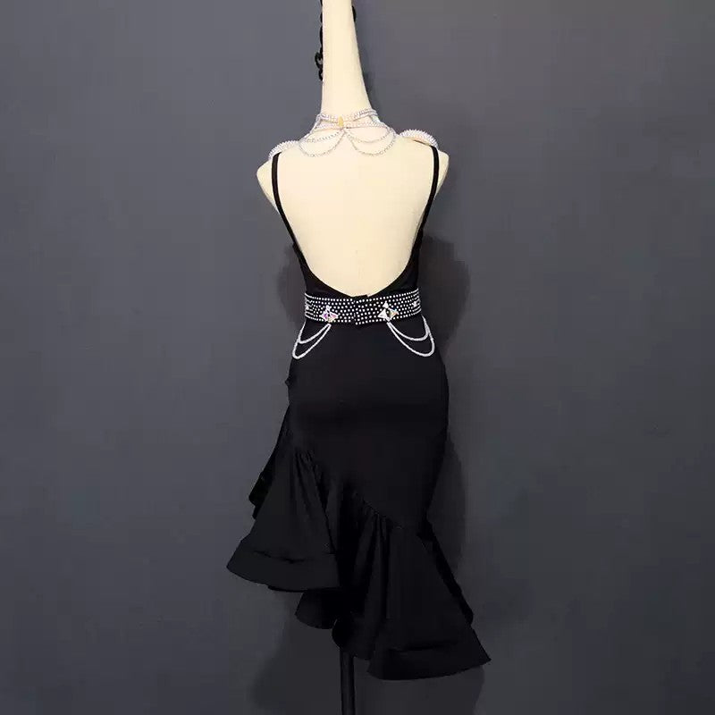 Customisable-Women's Black Tassel Latin Dance Dress Professional Dance Stage Performance Wear (With Waistband)