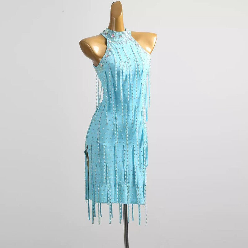 YZY Customisable-Women's Light Blue Sleeveless Tassel DanceWear Dance Dress Performance Wear