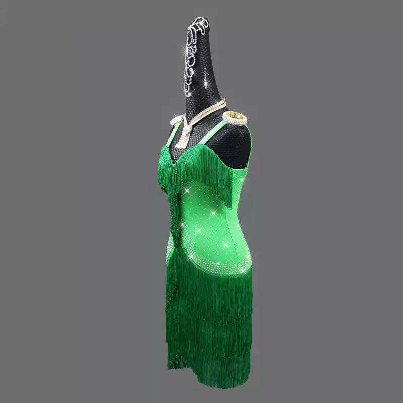 Customisable-Women's Green Tassel Latin Dance Dress Professional Dance Stage Performance Wear