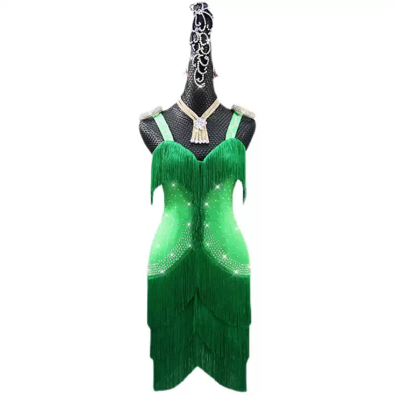 Customisable-Women's Green Tassel Latin Dance Dress Professional Dance Stage Performance Wear