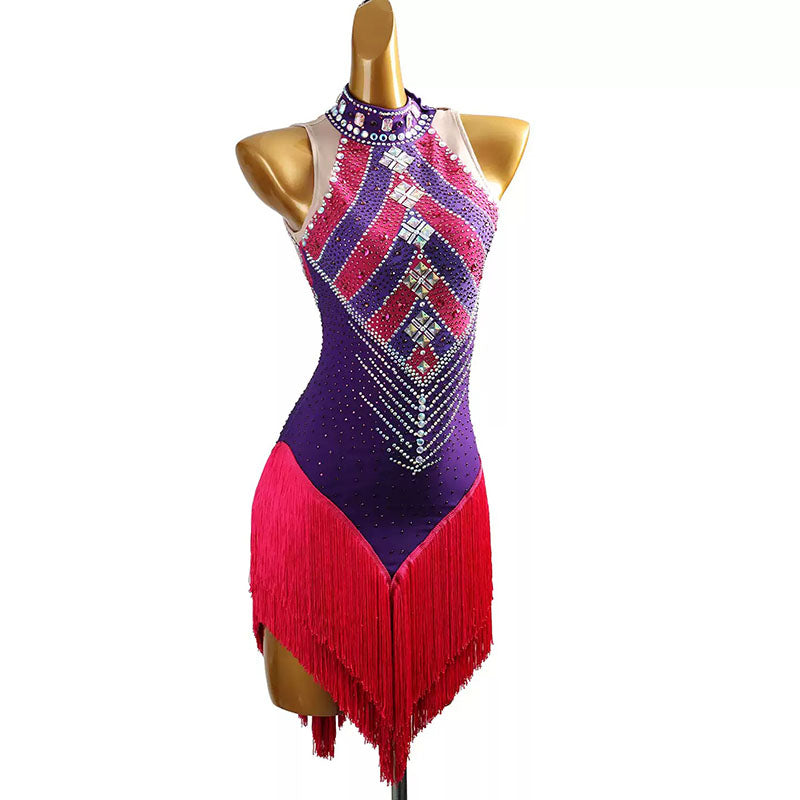 YZY Customisable-Women's Fuchsia-Purple Tassel DanceWear Dance Dress Performance Wear