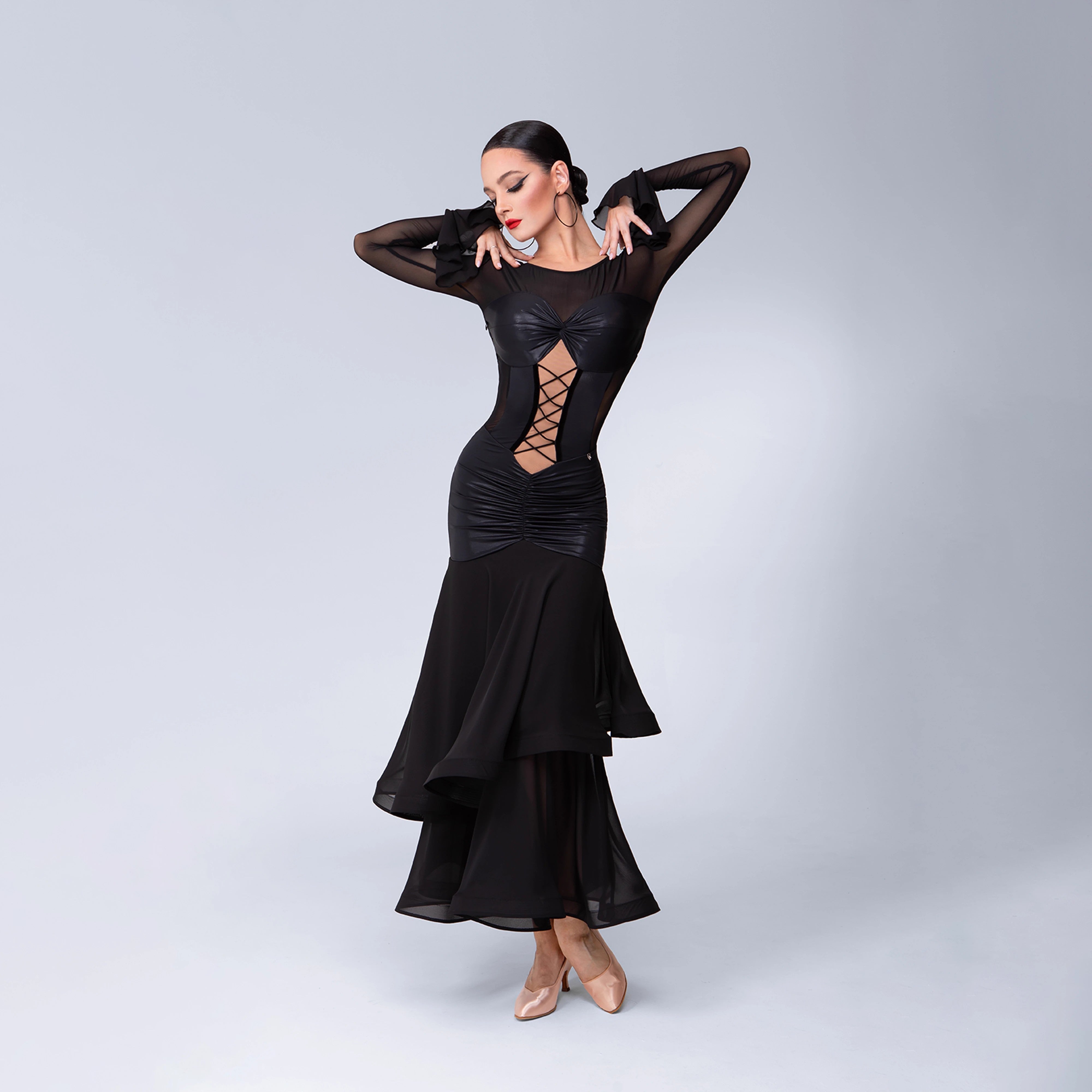 TID Customisable Women's Long Sleeve Black Dance Dresses Performance Competition Dancewear