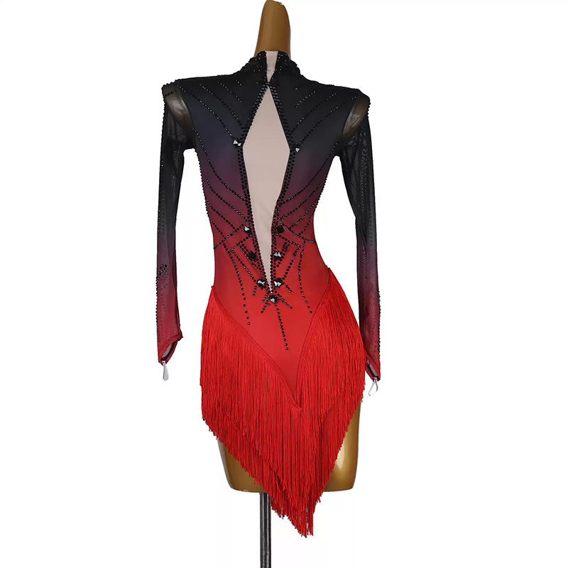 YZY Customisable-Women's Black Long Sleeve Tassel DanceWear Dance Dress Performance Wear