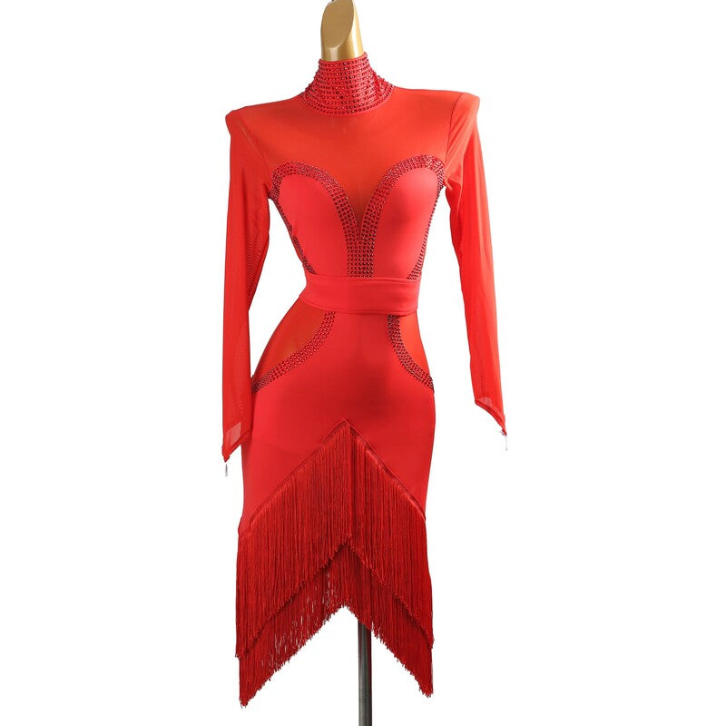 YZY Customisable-Women's Red Long Sleeve Tassel DanceWear Dance Dress Performance Wear