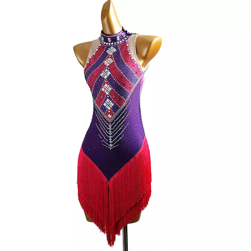YZY Customisable-Women's Fuchsia-Purple Tassel DanceWear Dance Dress Performance Wear