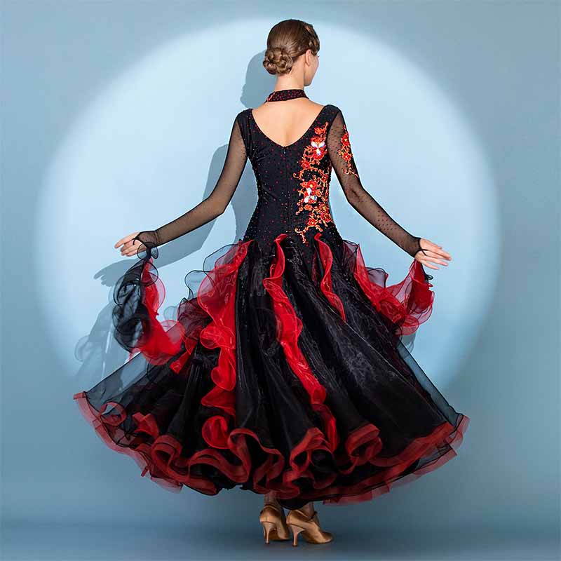 Women's Long Sleeve Lace Diamond Waltz Ballroom Dance Competition Modern Dance Large Swing Dress