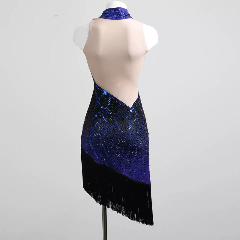 YZY Customisable-Women's Blue Sleeveless Tassel DanceWear Dance Dress Performance Wear