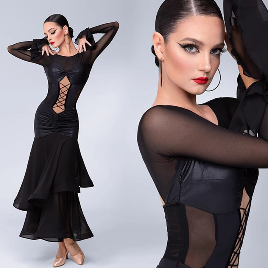 TID Customisable Women's Long Sleeve Black Dance Dresses Performance Competition Dancewear