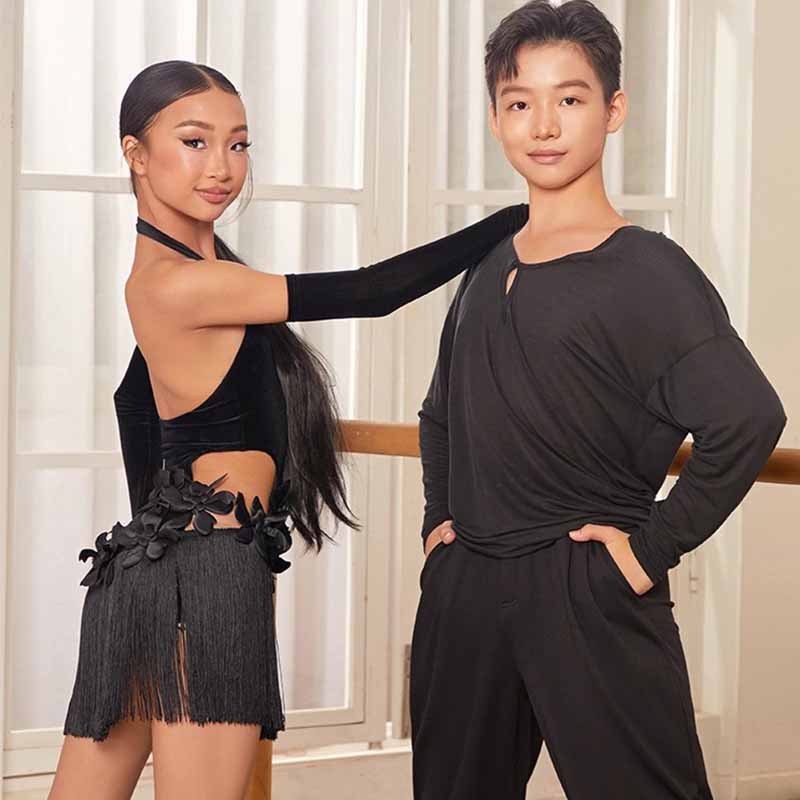 Z Girls Black Velvet Backless Latin Dance Dress Dance Wear(With Gloves)