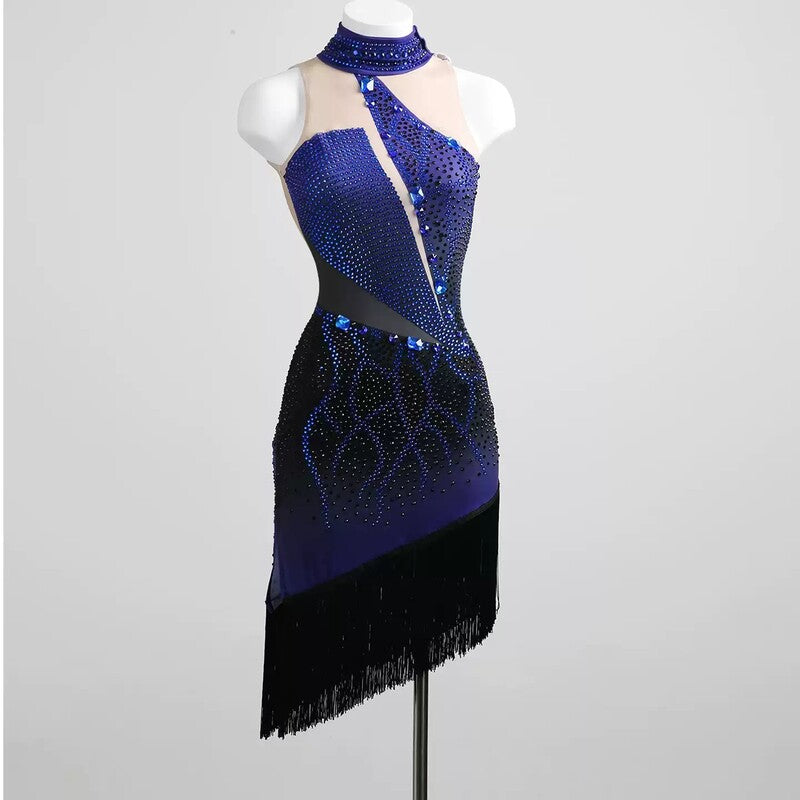 YZY Customisable-Women's Blue Sleeveless Tassel DanceWear Dance Dress Performance Wear