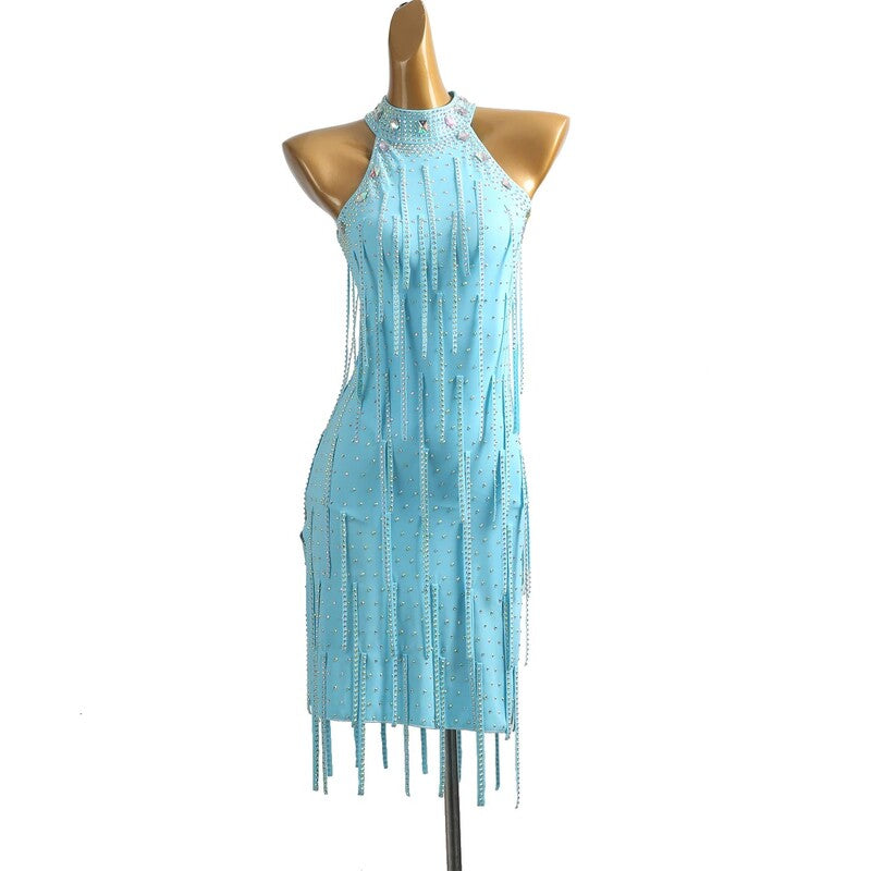 YZY Customisable-Women's Light Blue Sleeveless Tassel DanceWear Dance Dress Performance Wear