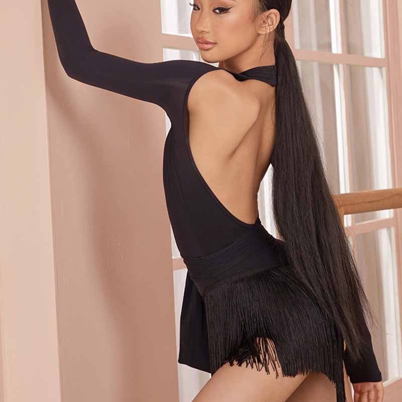 Z Girls Black Long Sleeve V Neck Latin Dance Bodysuit Dance Wear
