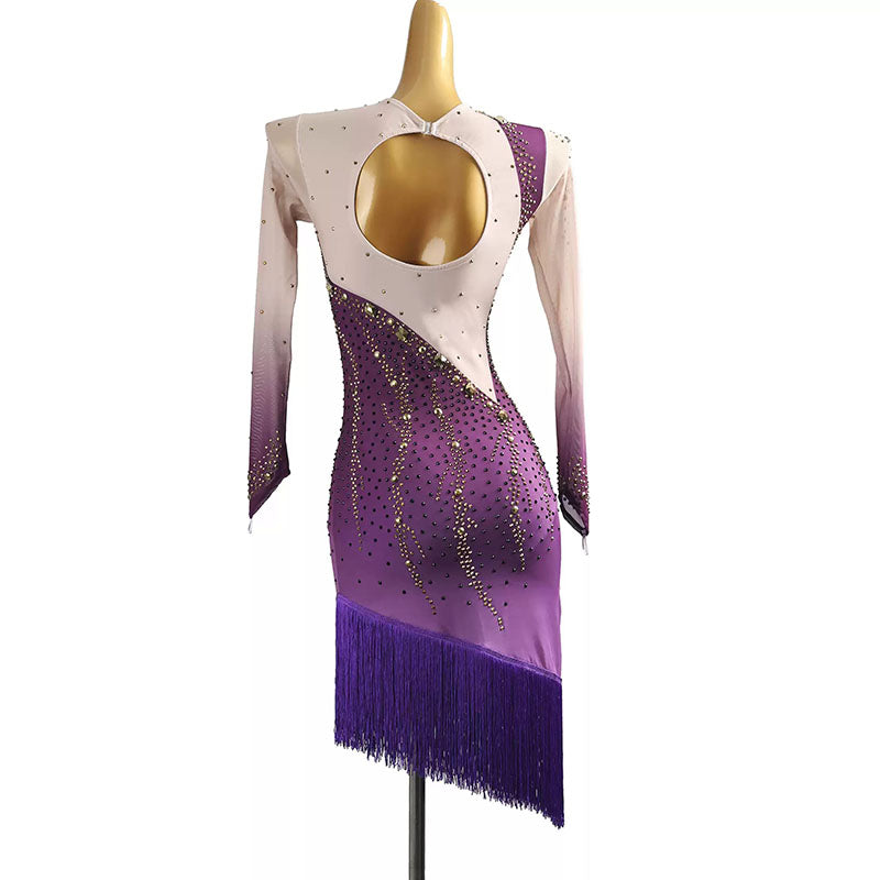 YZY Customisable-Women's Purple Long Sleeve Tassel Rhinestone DanceWear Dance Dress Performance Wear