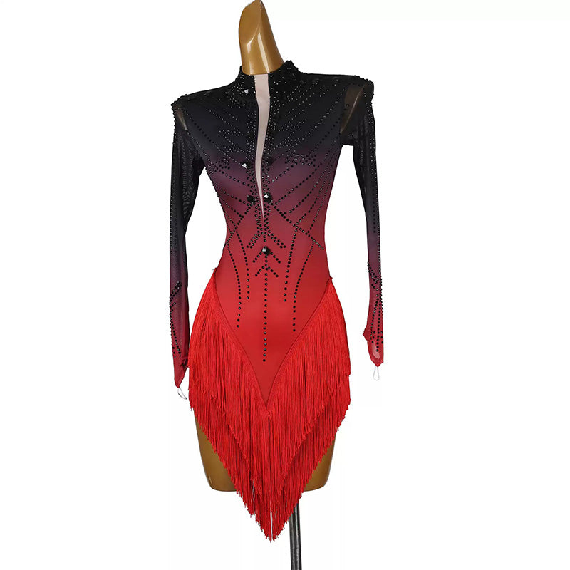 YZY Customisable-Women's Black Long Sleeve Tassel DanceWear Dance Dress Performance Wear