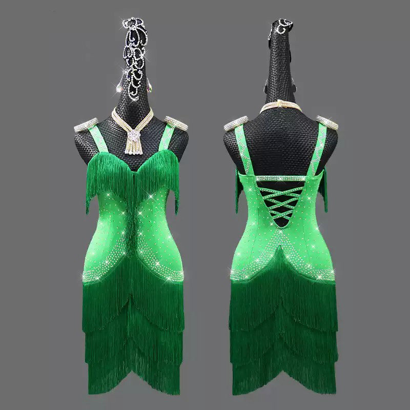 Customisable-Women's Green Tassel Latin Dance Dress Professional Dance Stage Performance Wear