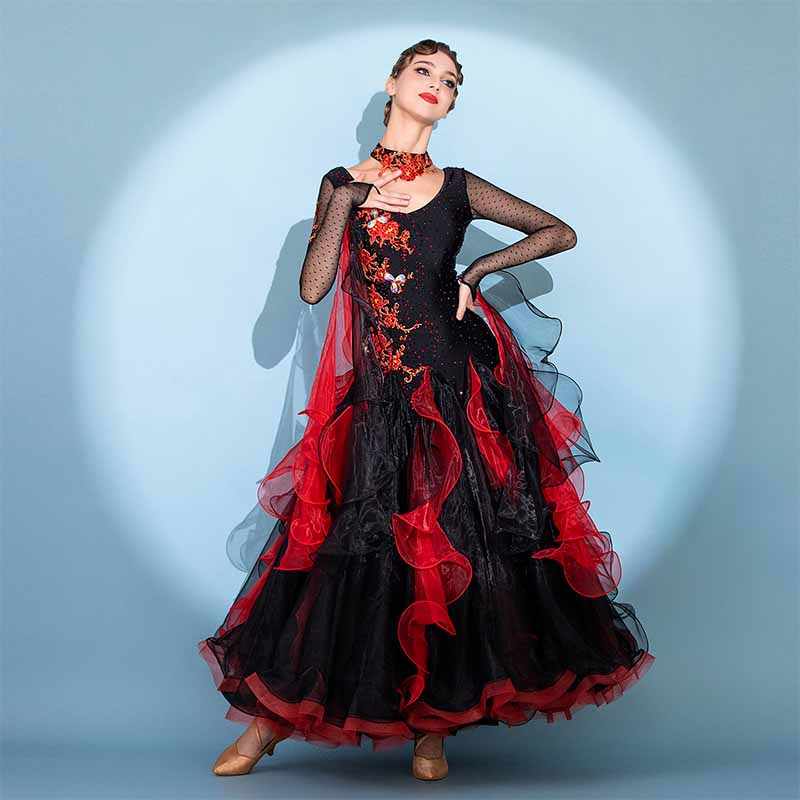 Women's Long Sleeve Lace Diamond Waltz Ballroom Dance Competition Modern Dance Large Swing Dress