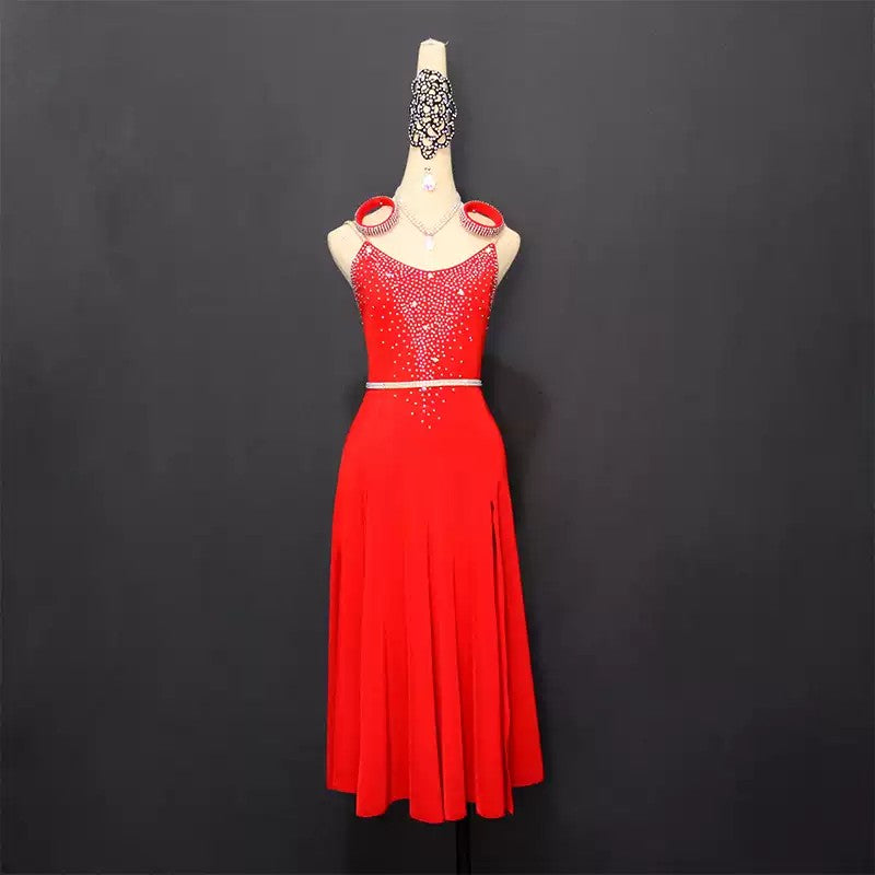 Customisable-Women's Red Latin Dance Dress Professional Dance Stage Performance Wear (With Waistband)