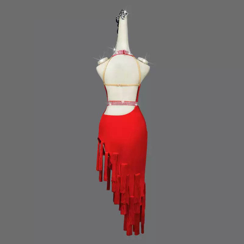 Customisable-Women's Red Tassel Latin Dance Dress Professional Dance Stage Performance Wear (With Waistband)