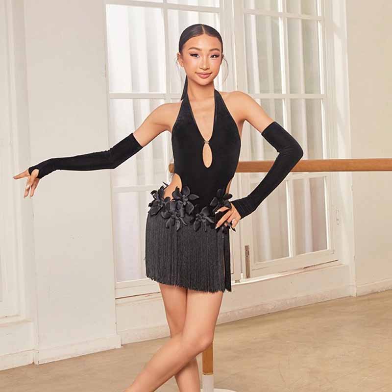 Z Girls Black Velvet Backless Latin Dance Dress Dance Wear(With Gloves)