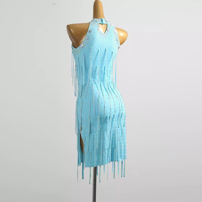 YZY Customisable-Women's Light Blue Sleeveless Tassel DanceWear Dance Dress Performance Wear