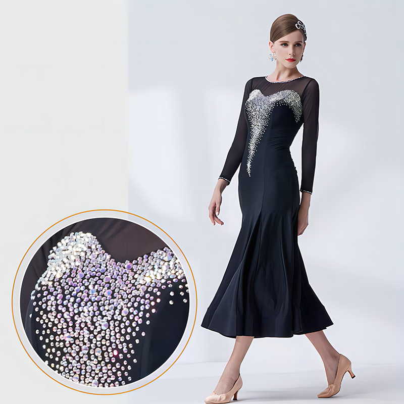 YUN Customisable-Women's Long Sleeve Mesh Diamonds Dress For Ballroom Dancing standard/Smooth Dress