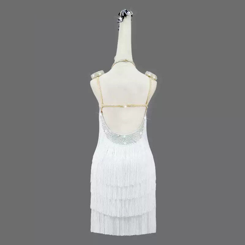 Customisable-Women's White Tassel Latin Dance Dress Professional Dance Stage Performance Wear