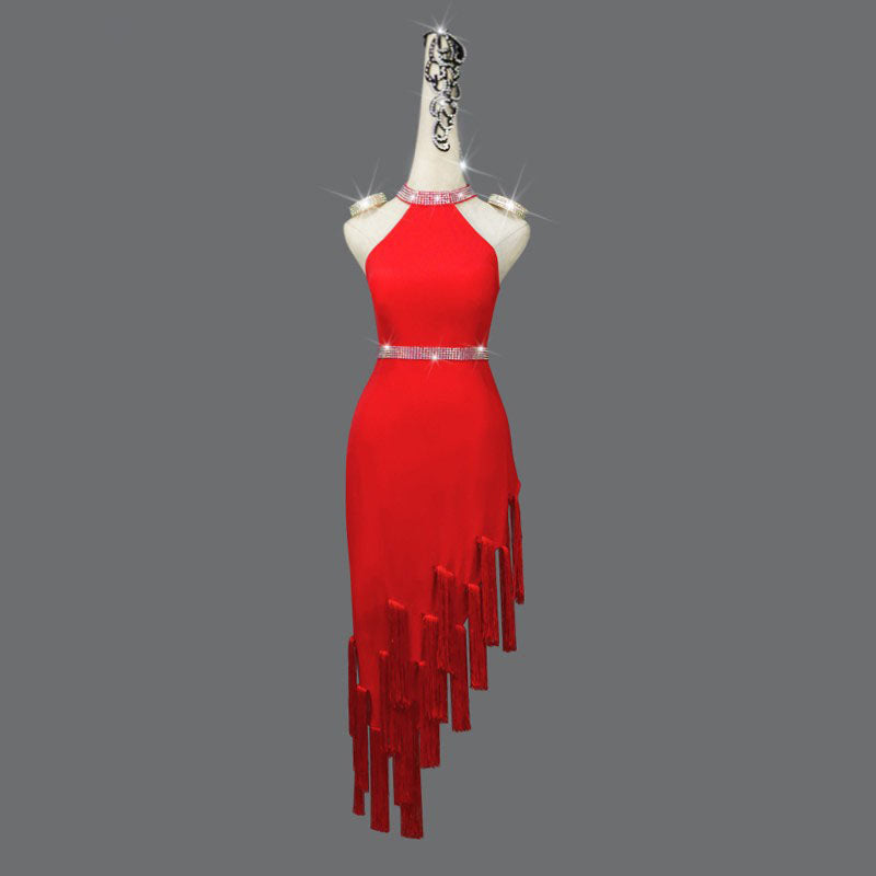 Customisable-Women's Red Tassel Latin Dance Dress Professional Dance Stage Performance Wear (With Waistband)