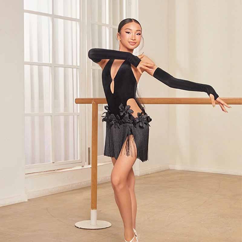 Z Girls Black Velvet Backless Latin Dance Dress Dance Wear(With Gloves)