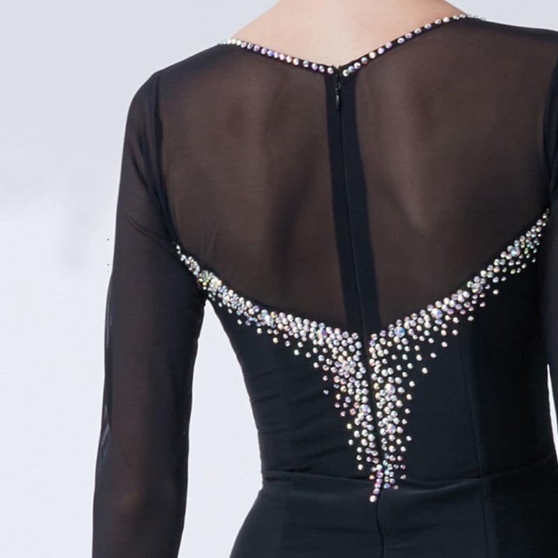 YUN Customisable-Women's Long Sleeve Mesh Diamonds Dress For Ballroom Dancing standard/Smooth Dress