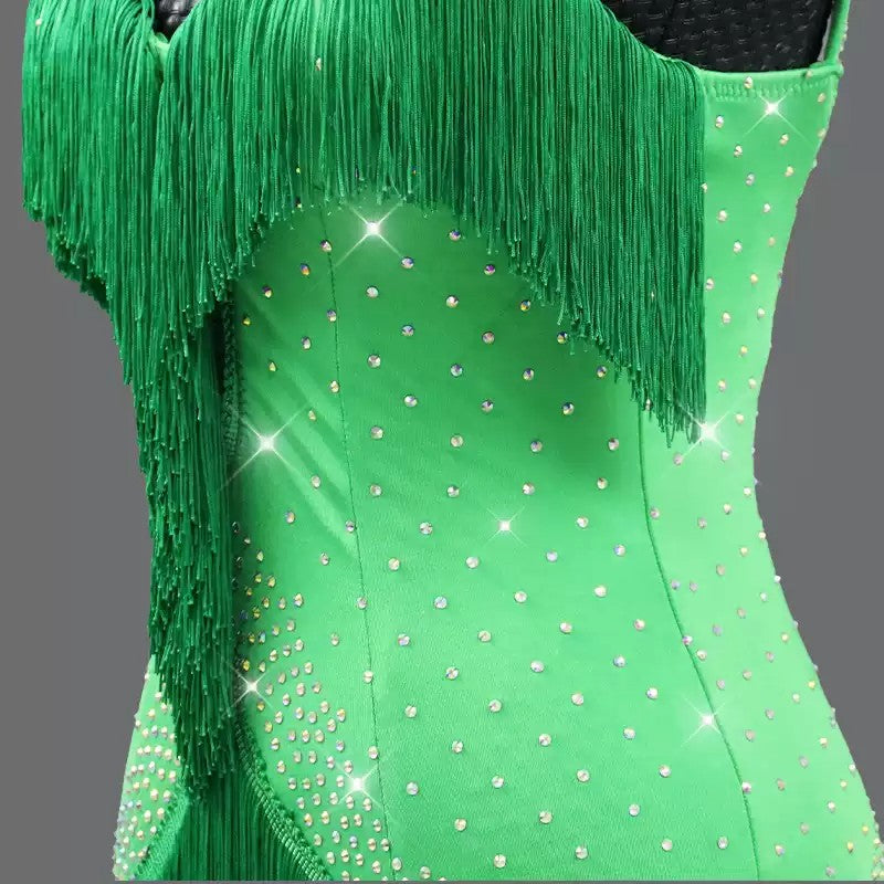 Customisable-Women's Green Tassel Latin Dance Dress Professional Dance Stage Performance Wear
