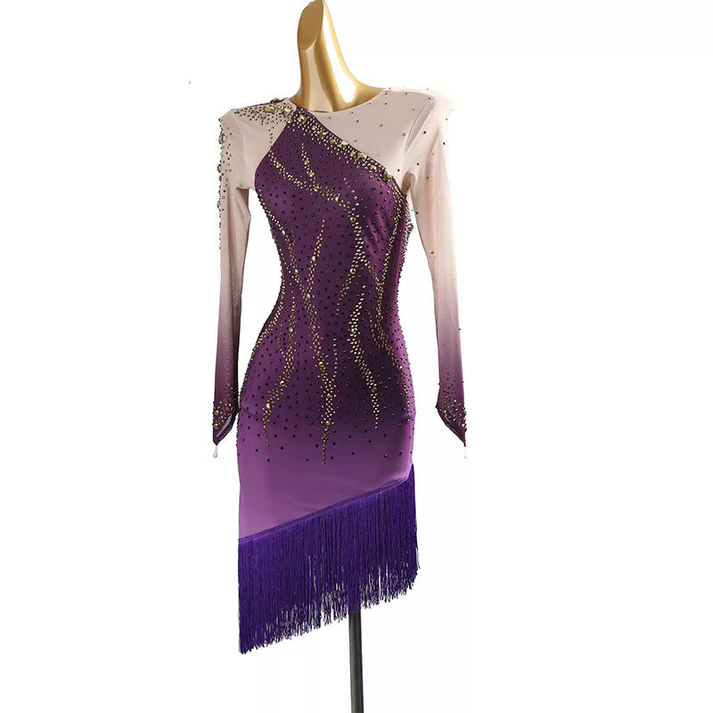 YZY Customisable-Women's Purple Long Sleeve Tassel Rhinestone DanceWear Dance Dress Performance Wear